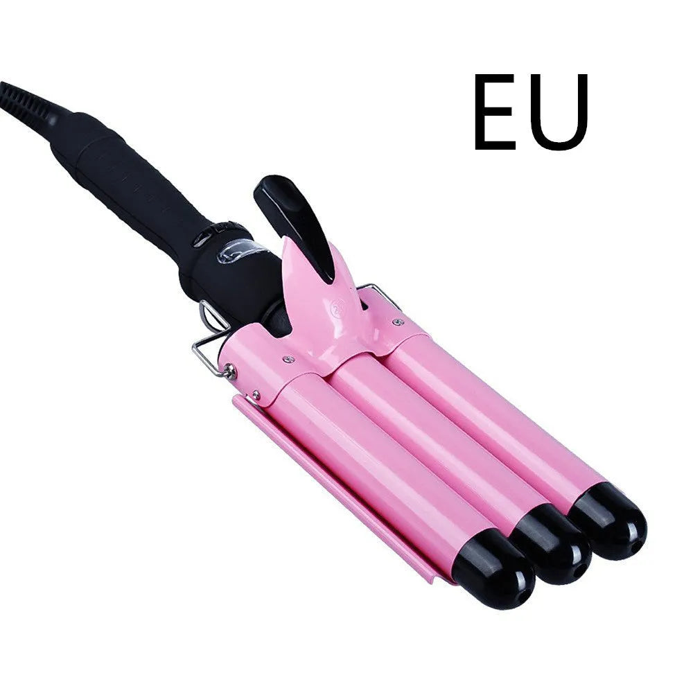 Pink curling iron with LCD screen, conical ceramic barrel 16-20mm, and rotating cord