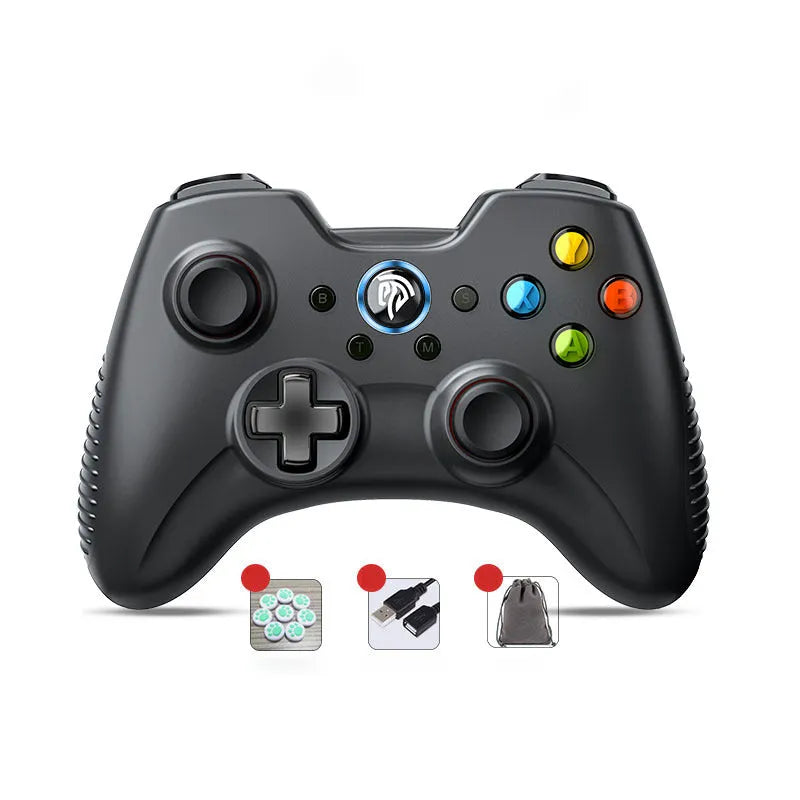 Wireless PC game controller in black, green, red, or white with adjustable vibration and storage bag