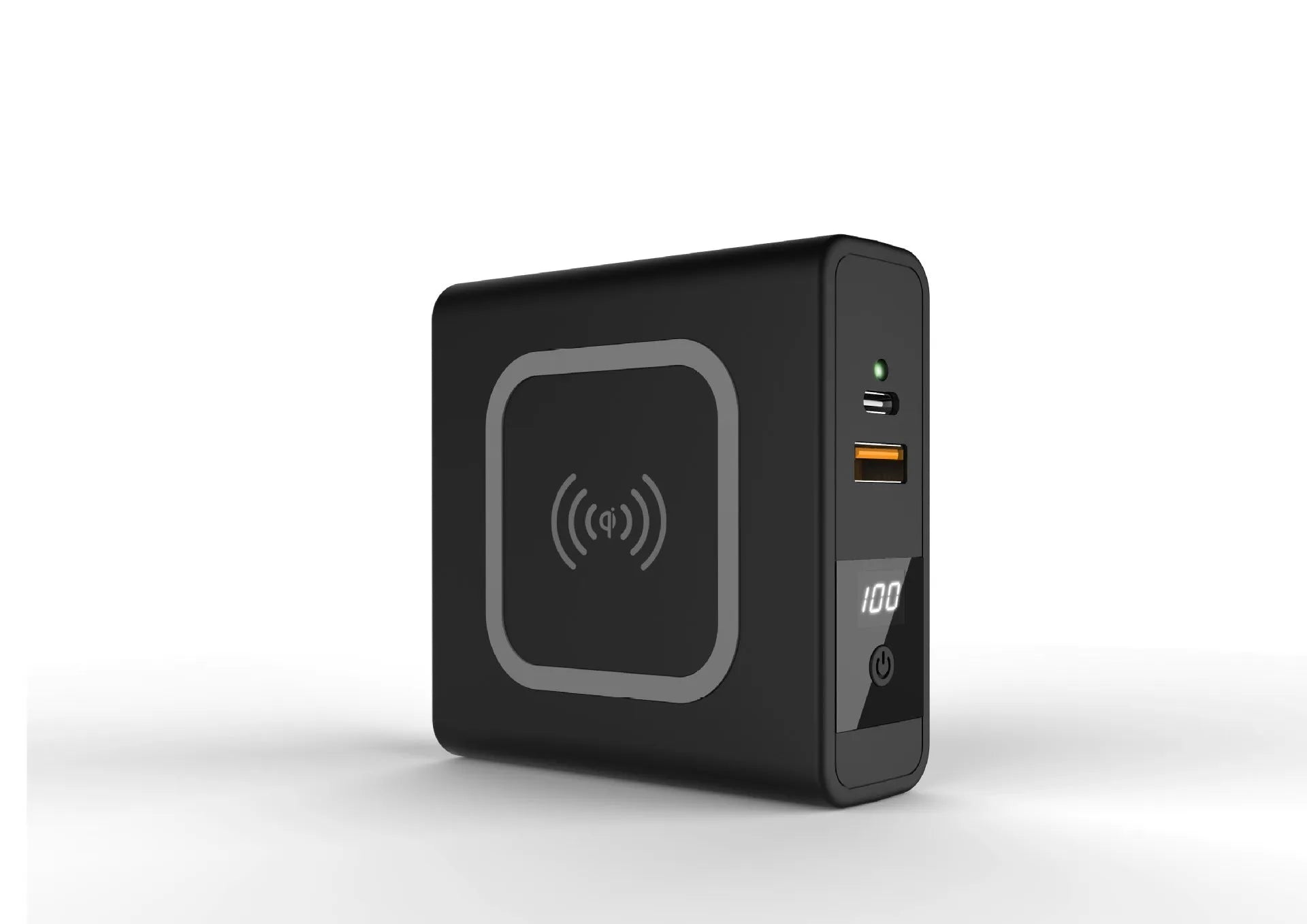 Black and white Super QI wireless PD20W fast charging power bank with integrated plug.