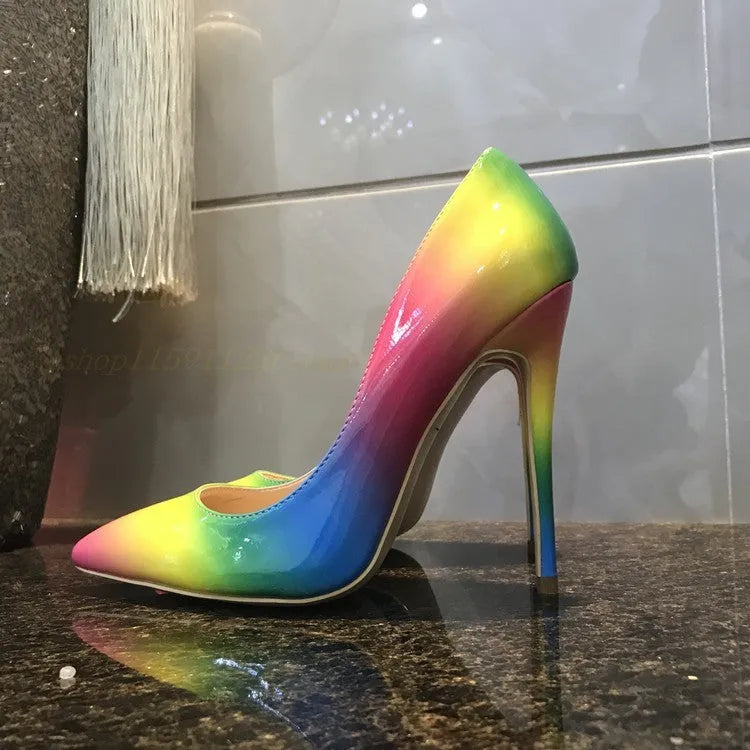 Women's rainbow patent leather high heel court shoes with pointed toe and thin ultra-high heel.