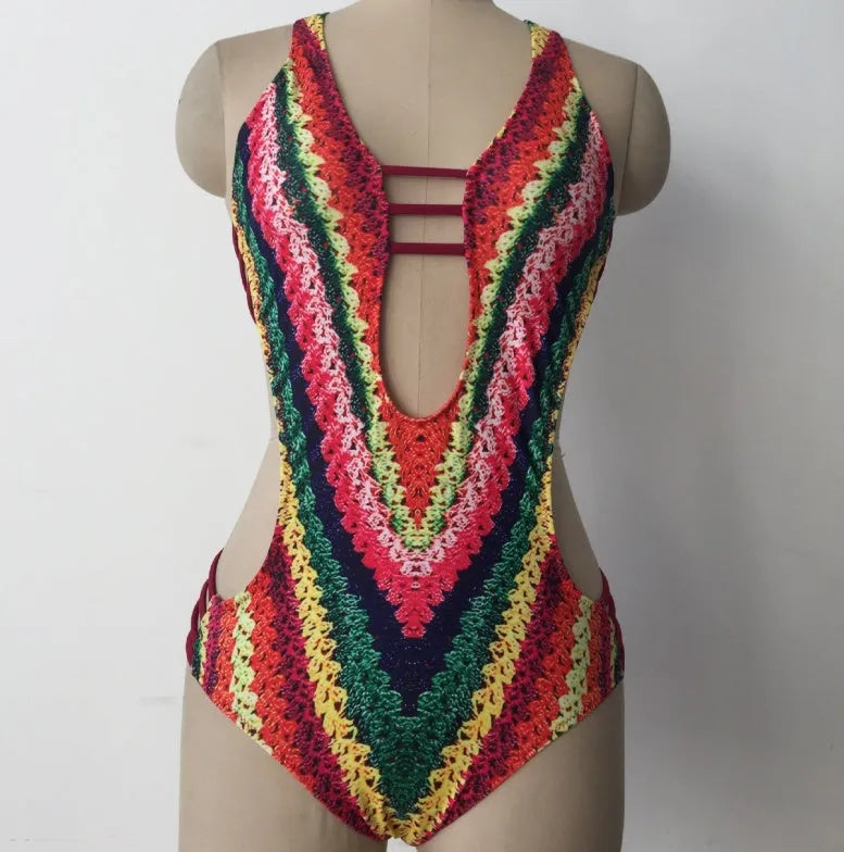 Women's printed one-piece swimsuit with open back, chest pad and rainbow colour option