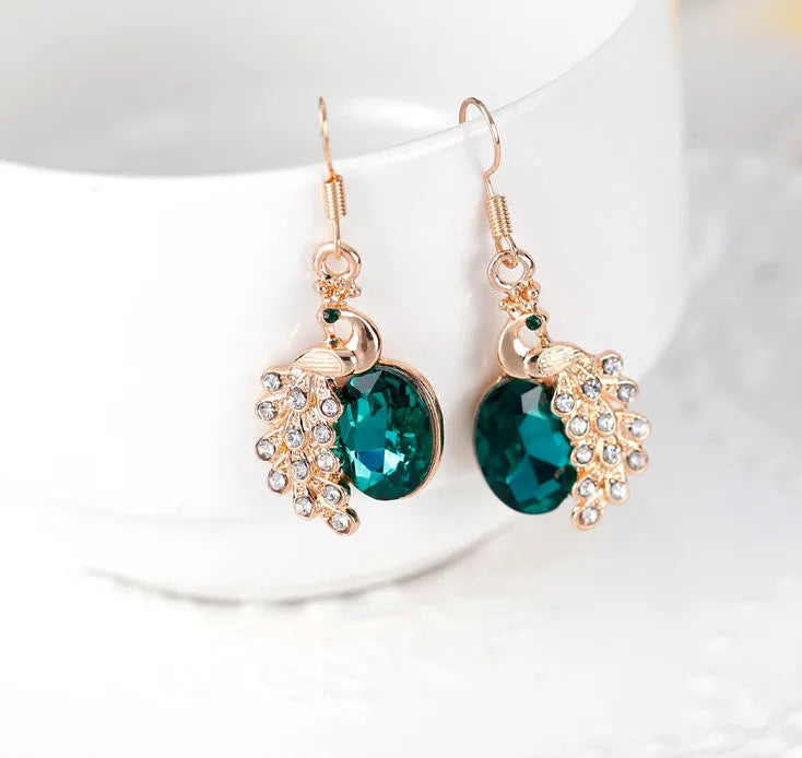 Peacock rhinestone two-piece necklace and earrings set in blue, green, or red