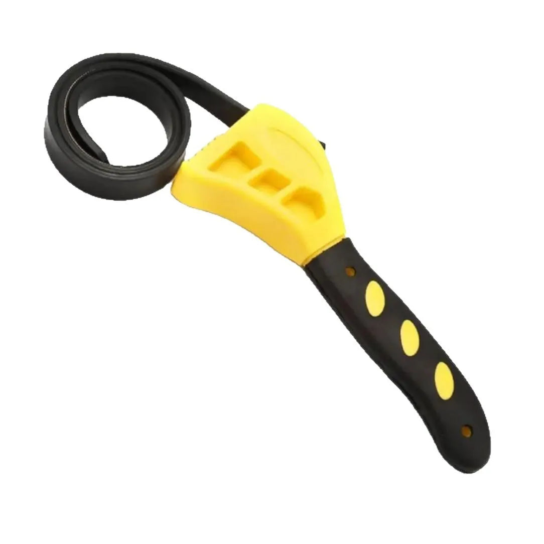 Adjustable rubber strap wrench with plastic rubber grip and metal handle, showing the strap loop and adjustment mechanism.