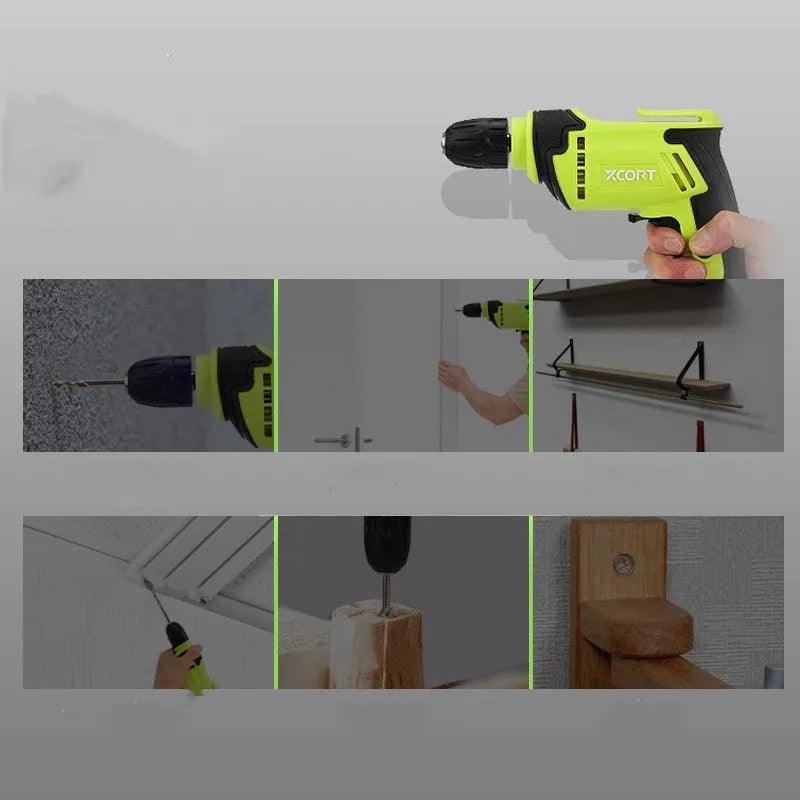 450W pistol-grip electric drill with keyed chuck on a workbench.
