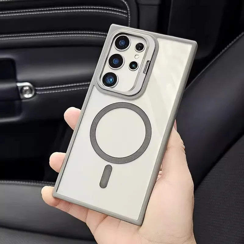 Magnetic PC phone case for Samsung with metal kickstand bracket in gray next to a Samsung phone