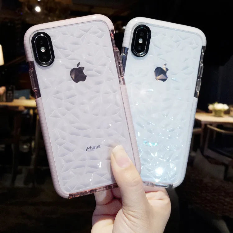 Simple striped TPU back cover phone case for iPhone, shown in black, pink and white edge colour options.