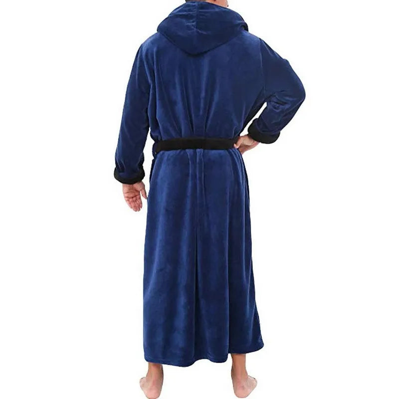 Men's hooded cotton flannel bathrobe in black, blue, grey, or red, sizes S to 5XL, thick winter casual robe
