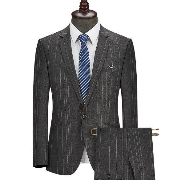 Men's casual striped two-piece business suit in grey, flat collar, back slit, button decoration, sizes S-4XL