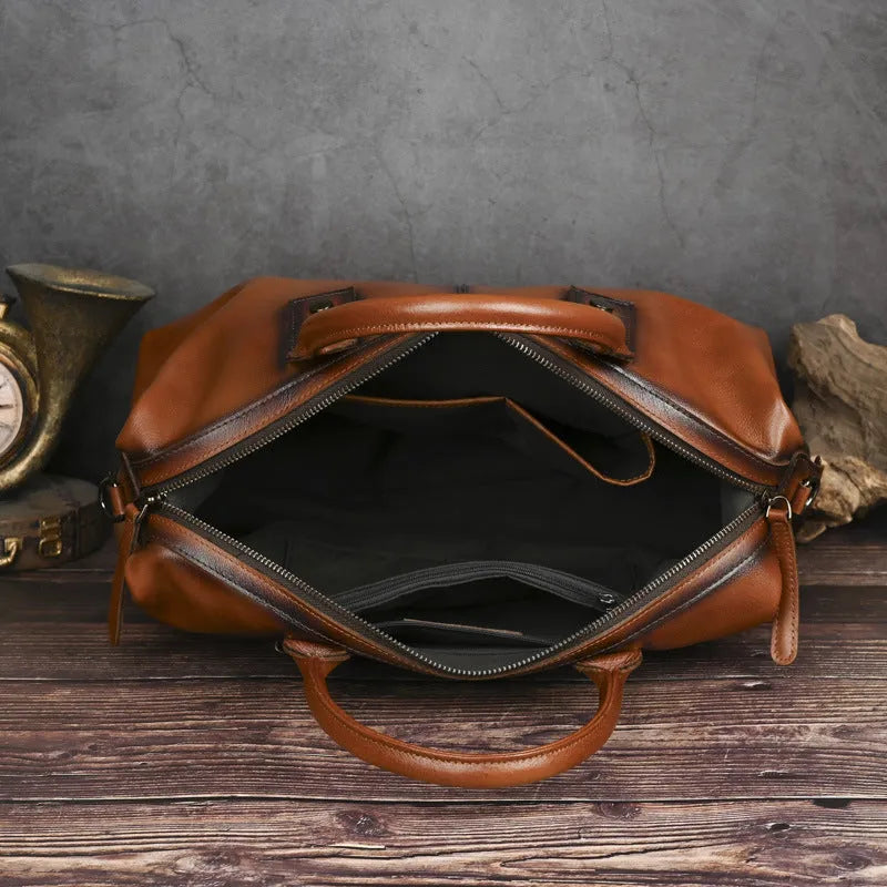 Women's retro genuine leather large-capacity handbag with polyester cotton lining, horizontal square shape, single strap, brown black coffee