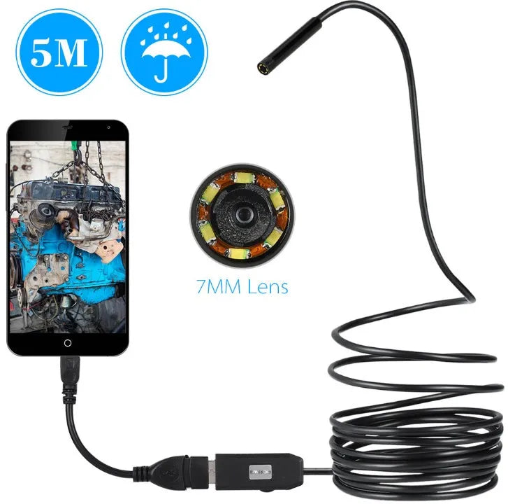 OWSOO USB endoscope camera with 5m cable, 6 LED lights, hook, magnet, and side mirror for Android and computer inspection