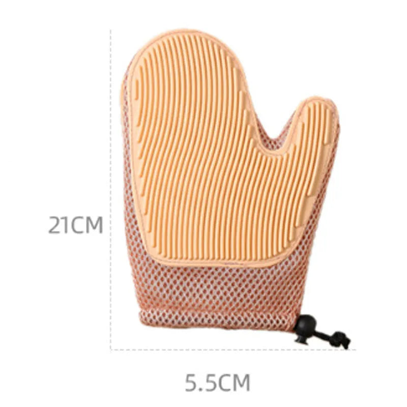 Right-handed pet hair removal glove in blue, green, or yellow, showing textured mesh surface