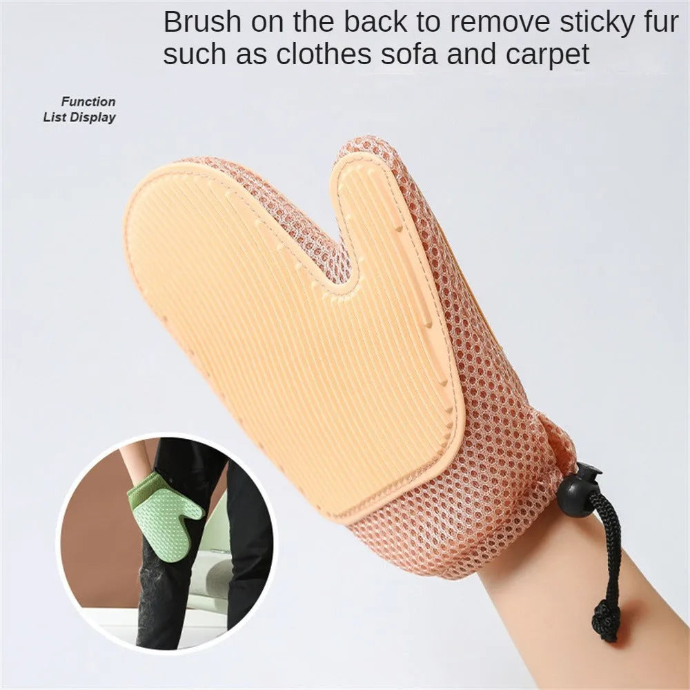 Right-handed pet hair removal glove in blue, green, or yellow, showing textured mesh surface