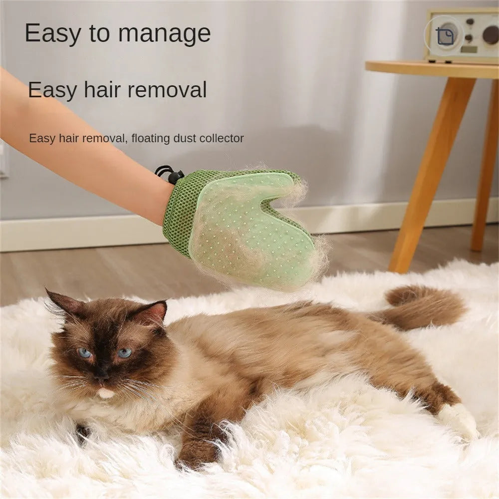 Right-handed pet hair removal glove in blue, green, or yellow, showing textured mesh surface