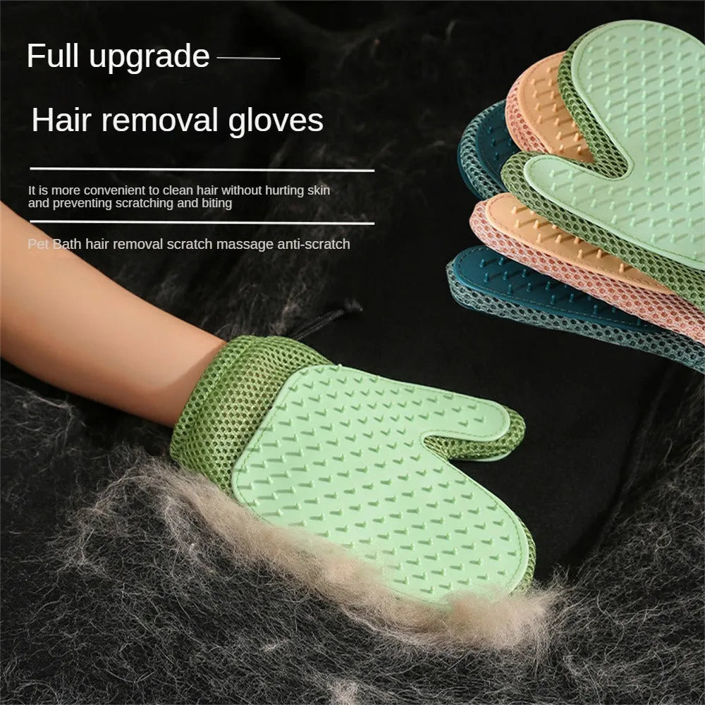 Right-handed pet hair removal glove in blue, green, or yellow, showing textured mesh surface