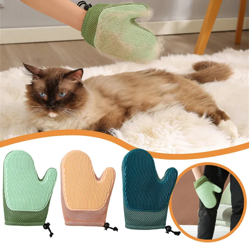 Right-handed pet hair removal glove in blue, green, or yellow, showing textured mesh surface
