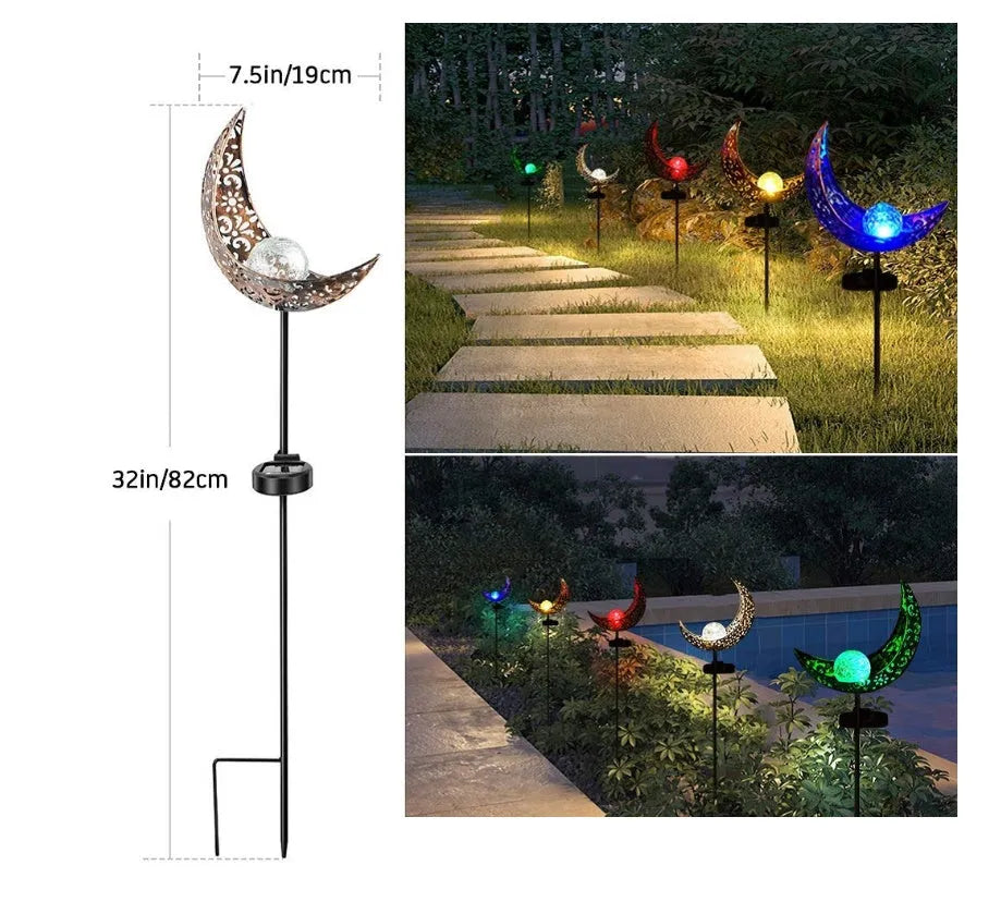 LED solar flame light with warm white glow in a garden, featuring iron and glass construction and stake stand