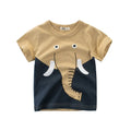 Kids cotton T-shirt with animal prints showing green lion, grey giraffe and khaki elephant designs in sizes 90-140cm
