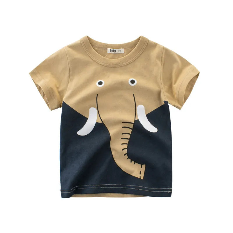 Kids cotton T-shirt with animal prints showing green lion, grey giraffe and khaki elephant designs in sizes 90-140cm