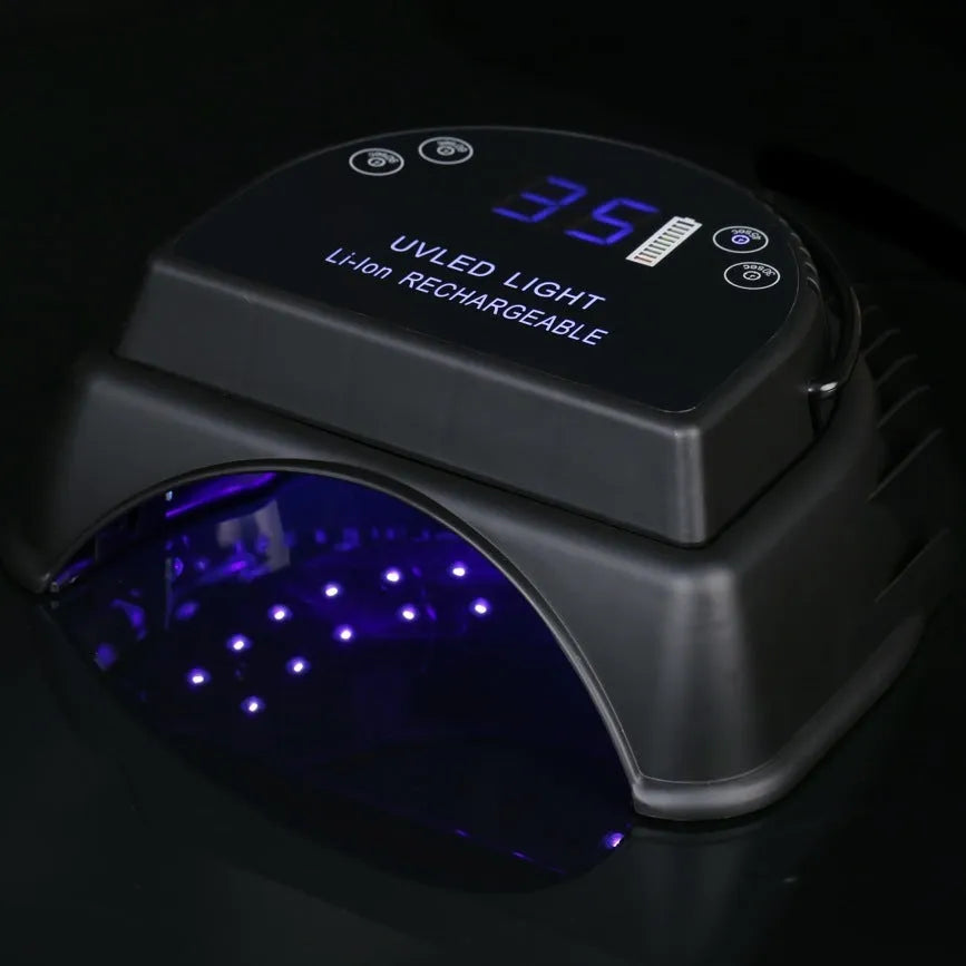 Rechargeable 64W LED nail lamp in black with dual light source and lithium battery
