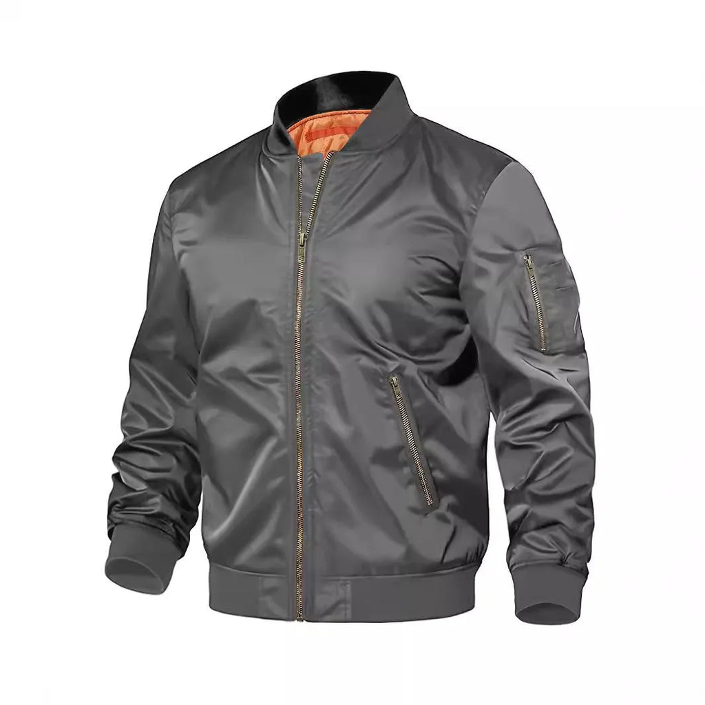 Mens nylon baseball jacket with zipper, regular fit, long sleeves, in army green colour, front view on model