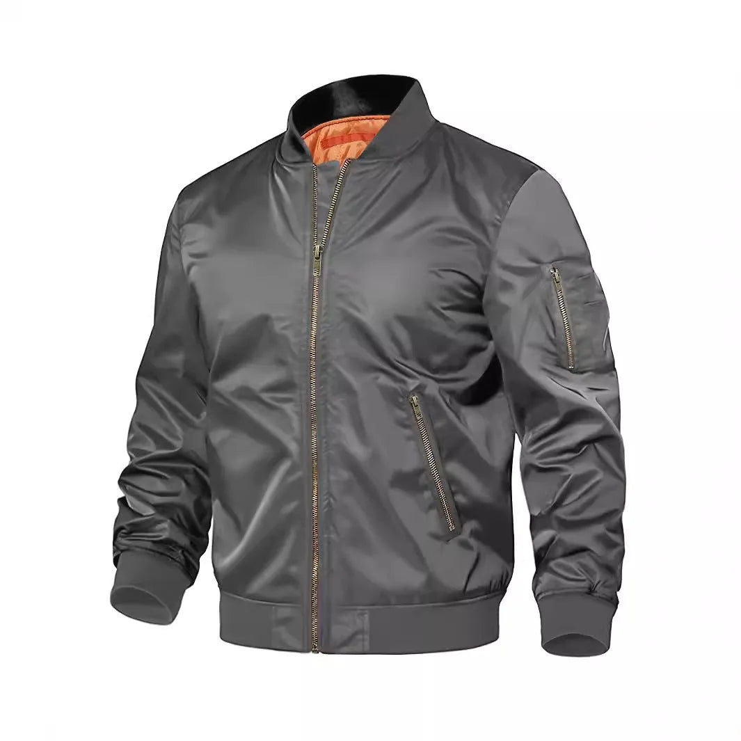 Mens nylon baseball jacket with zipper, regular fit, long sleeves, in army green colour, front view on model