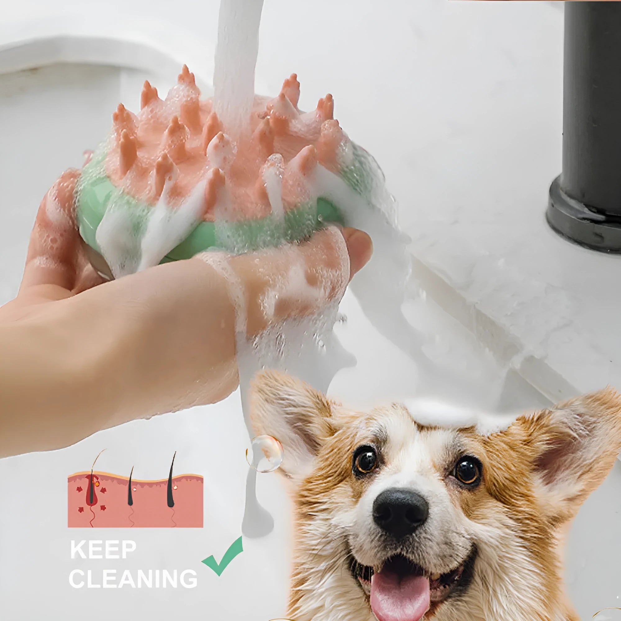 Blue and green 2-in-1 pet grooming brush with shampoo dispenser for dog and cat bathing