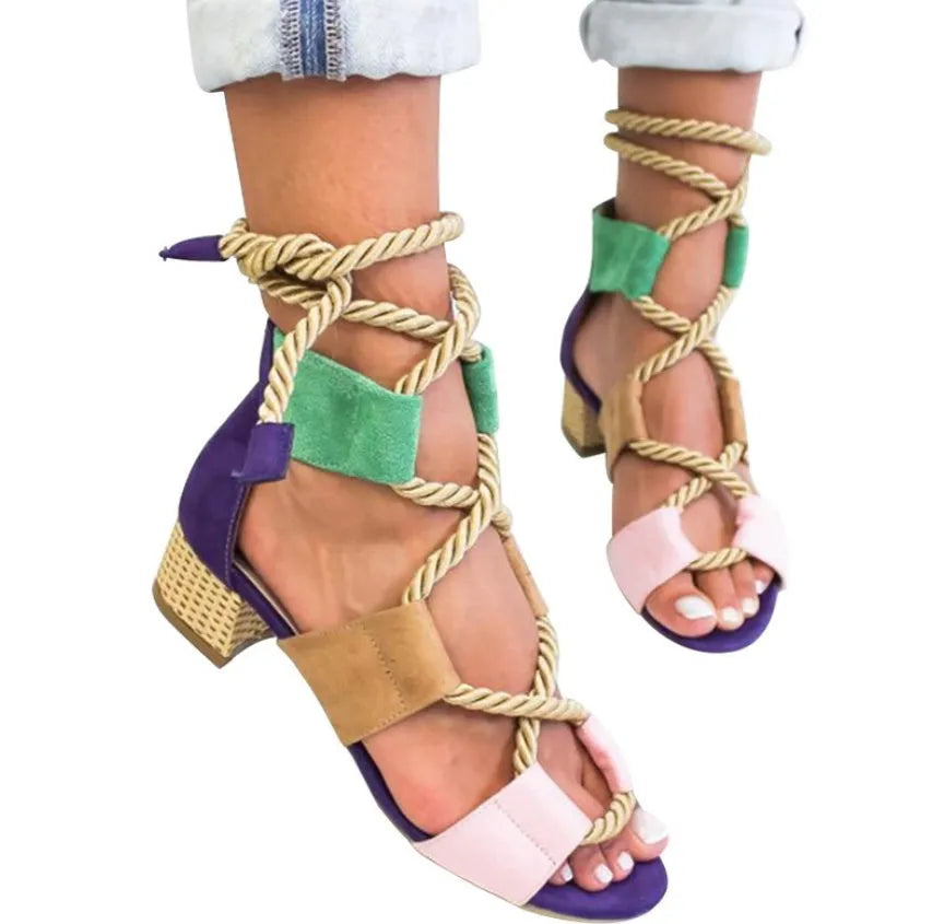 Women's thick heel suede sandals in colour matching pattern with fish mouth toe and ankle strap