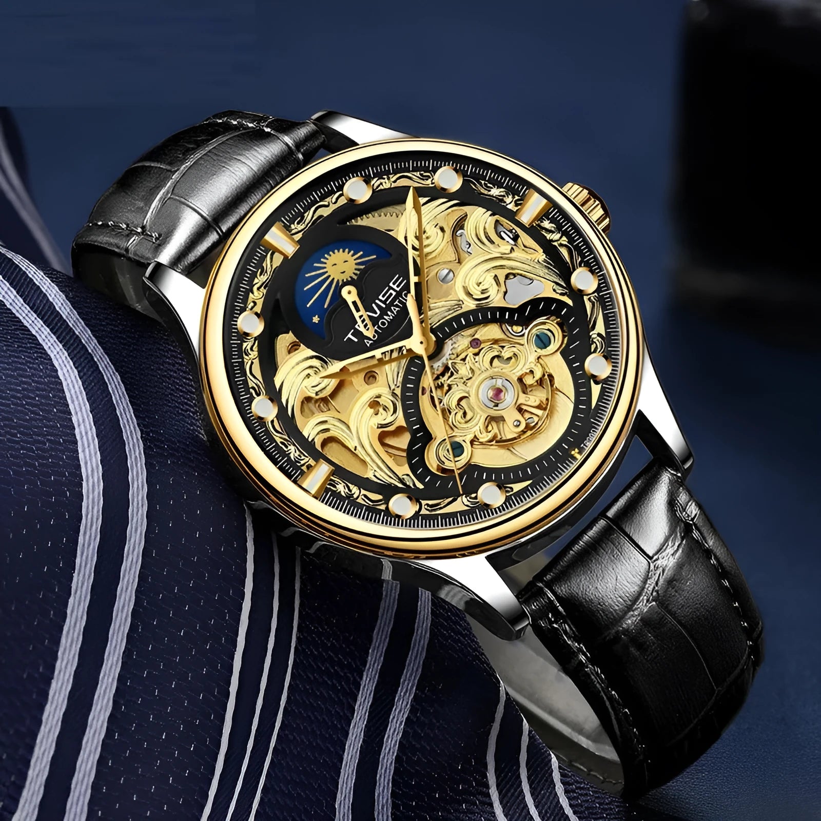Men's gold and white leather strap automatic waterproof watch with business style.