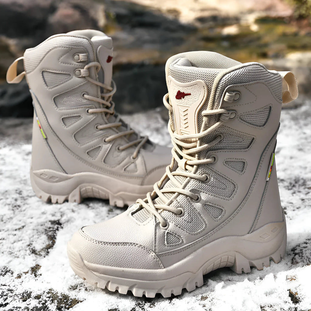 Beige cowhide leather hi-top hiking shoes with a platform sole on a neutral background.