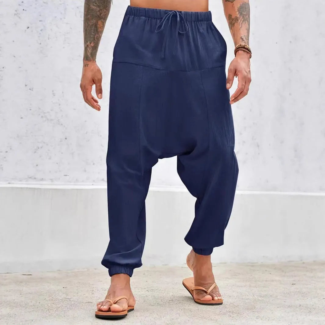 Summer breathable cotton cuffed pants with drawstring waist in khaki colour on model