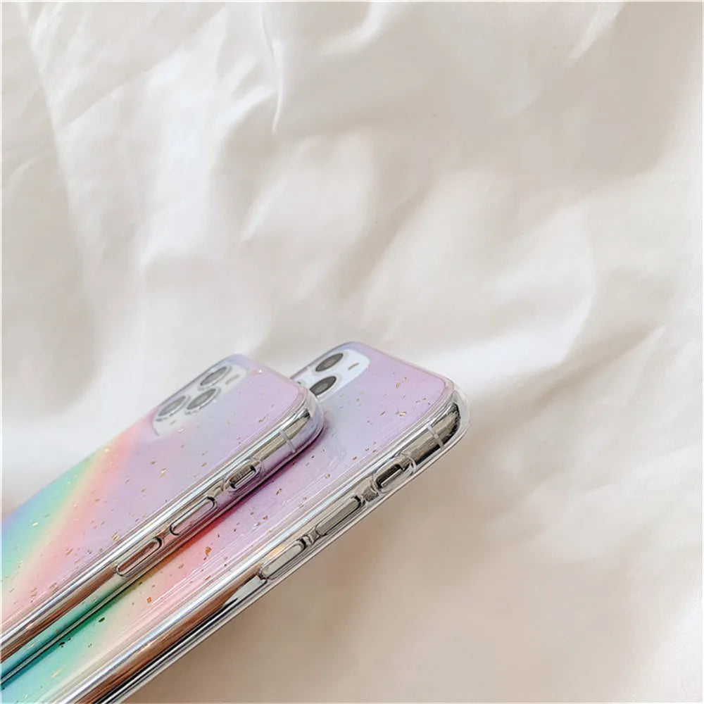 Rainbow gradient iPhone case with striped design on TPU protective shell