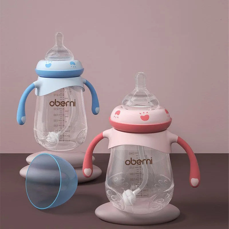 Blue wide neck baby bottle with handle in gourd shape on white background