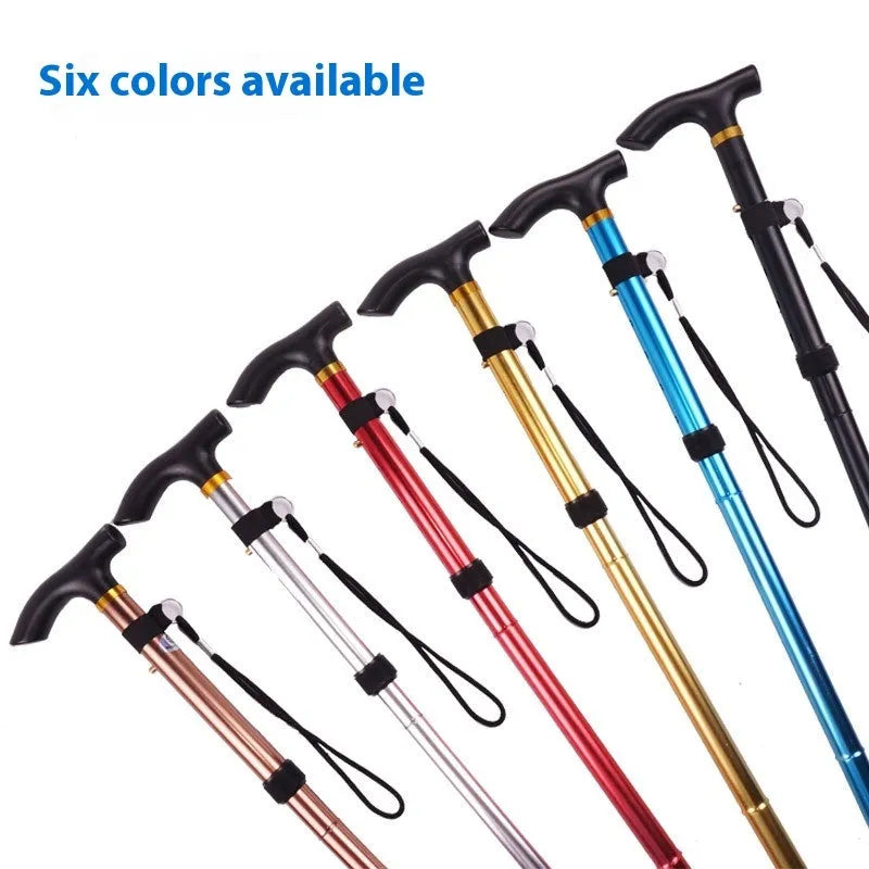 Aluminium folding walking cane extended, showing non-slip handle and adjustable shaft.