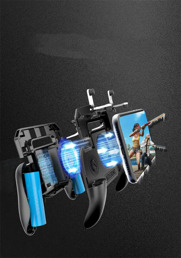 Black USB mobile game controller for smartphones with aluminium alloy trim and ergonomic grips.