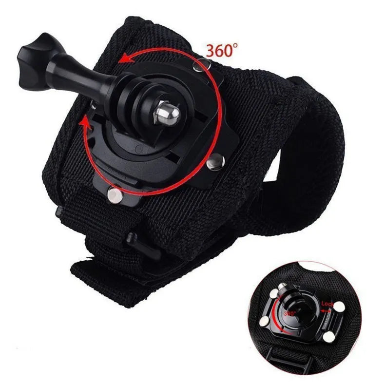 GoPro action camera mounted on a black wrist strap with a 360-degree rotating screw connection.