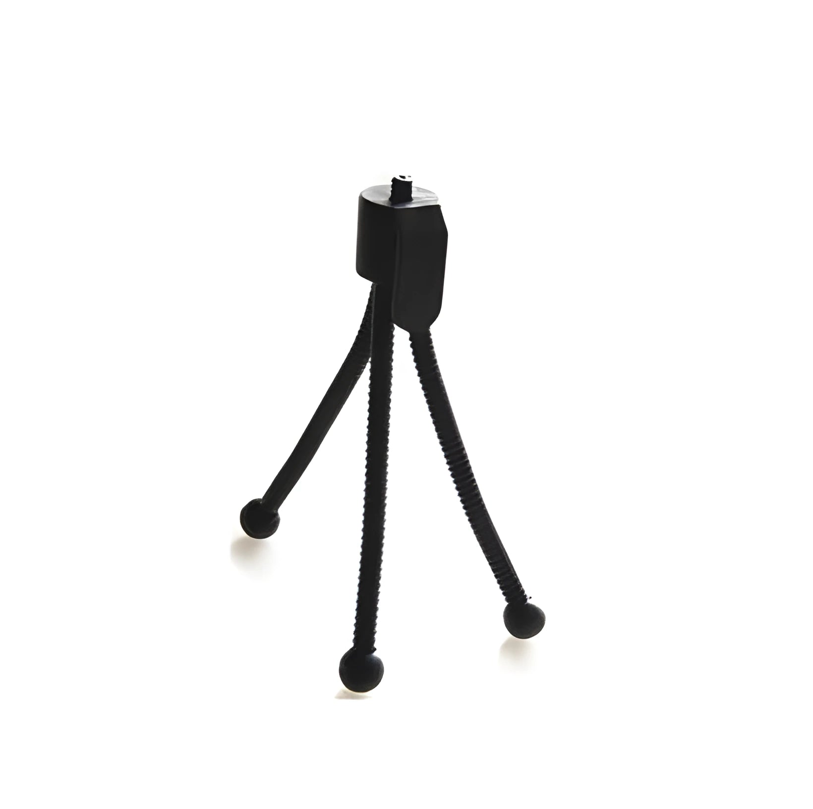 Small iron frame mini desktop tripod with folding legs and a ball head, shown alongside a camera.