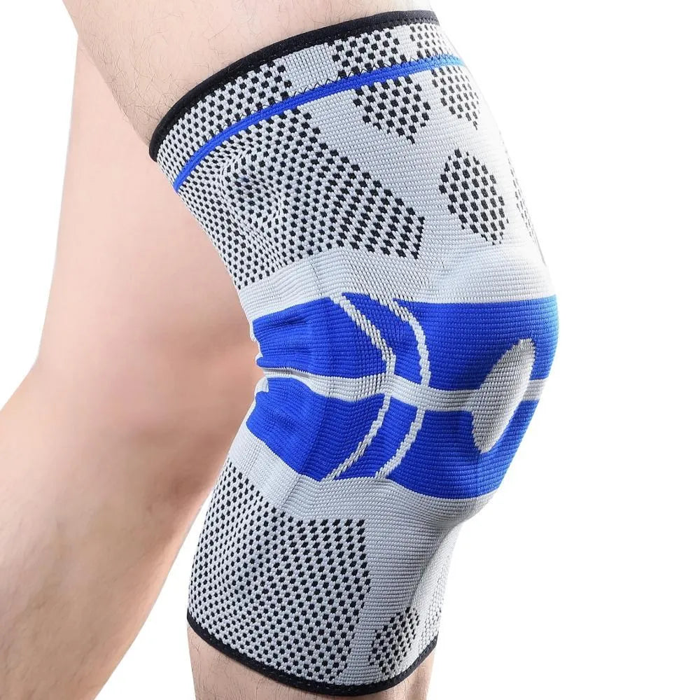 Black spandex sports knee pad for adults, one unit, on a plain background
