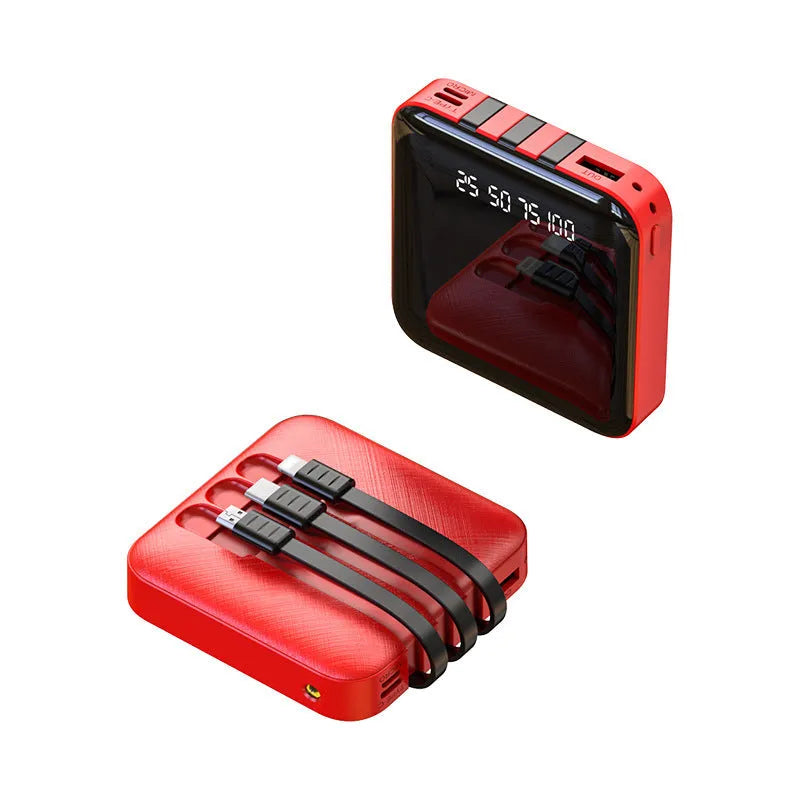 Black and red portable power banks with built-in charging cable showing 10000mAh and 20000mAh capacity options.