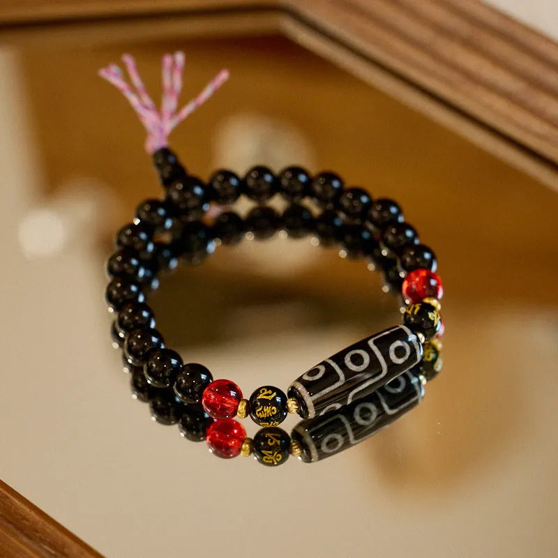 Dzi bead agate bracelet with Tibetan ethnic styling and 8mm geometry beads