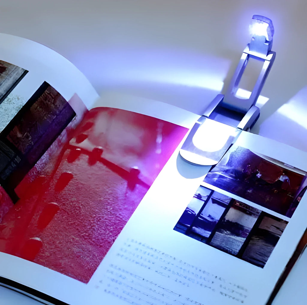 Folding book light in plastic and stainless steel, compact 12cm clip-on reading light for books and e-readers