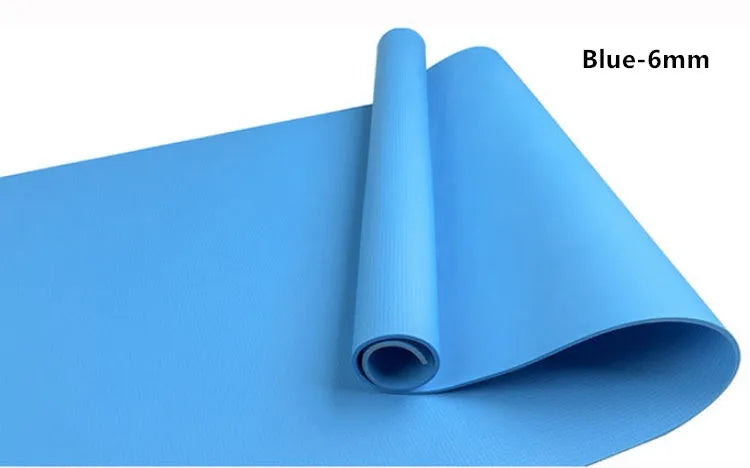 EVA fitness yoga mat in blue showing thickness and non-slip surface texture