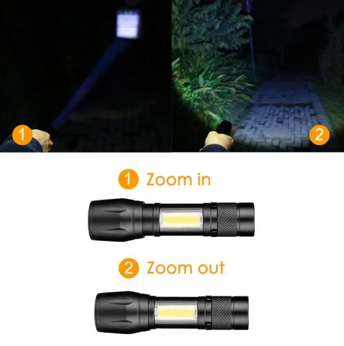 Black mini aluminium alloy telescopic LED torch with clip, shown zoomed in and out.