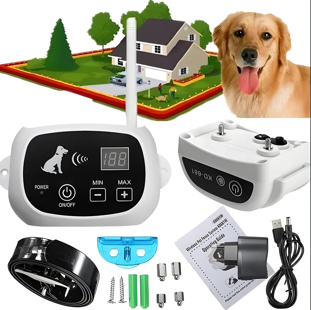 Wireless electronic dog fence with receiver collar, 500 metre range, shown in white or black.
