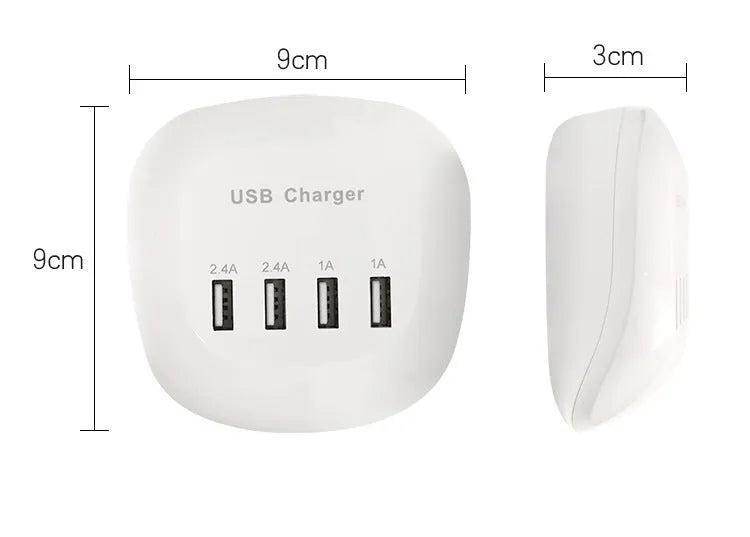 White USB wall charger with either EU or US style plug pins.