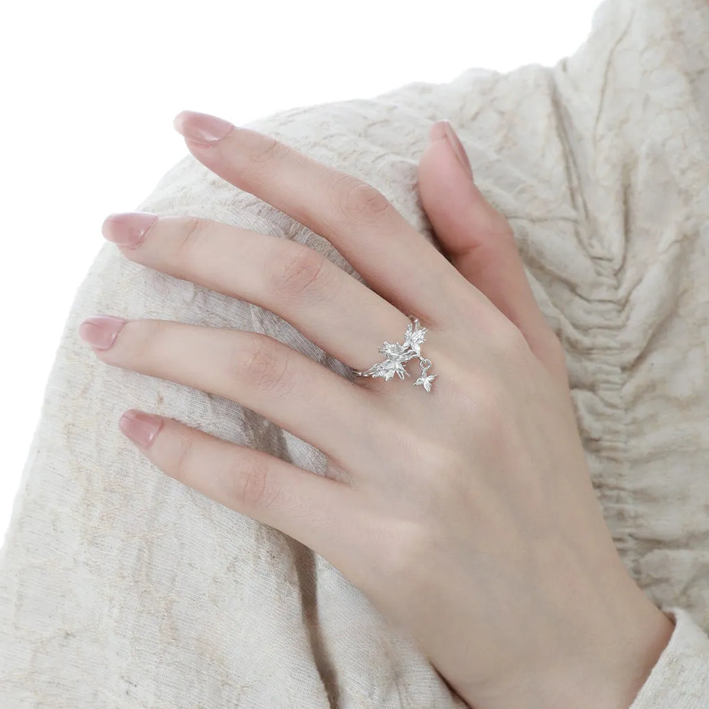 Silver butterfly ring with adjustable opening in electroplated gold finish