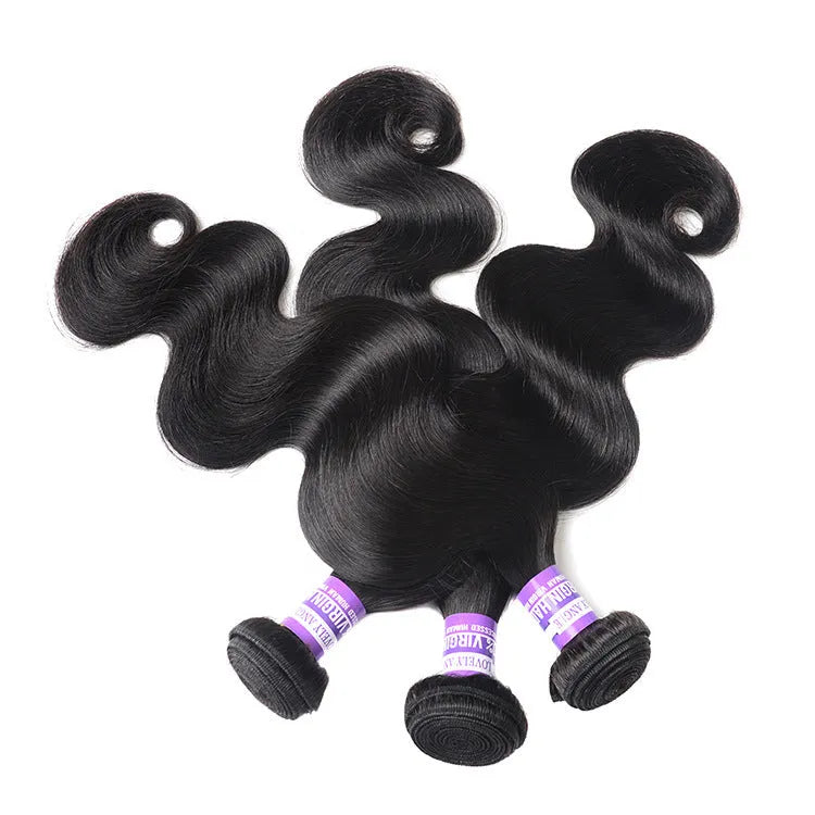 Brazilian human hair bundles with closure: 4 straight bundles in 10, 12, 14, 16 inches natural black