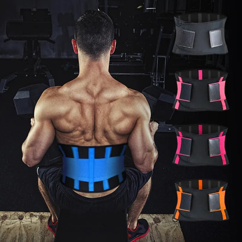 Neoprene sports waist belt with silicone anti-skid and adjustable hook and loop fastening, in Black, Blue, Deep pink, Orange, or Pink.