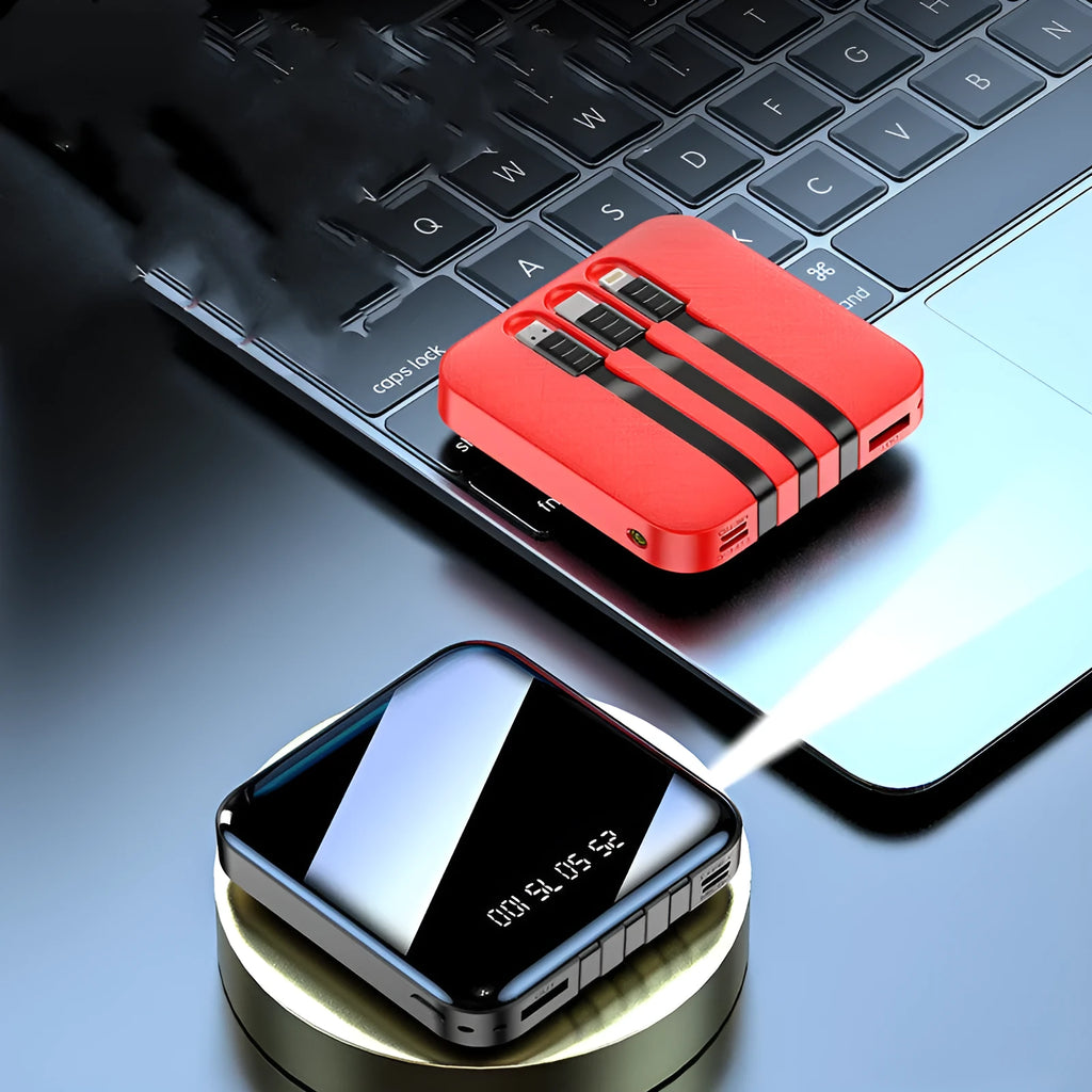 Black and red portable power banks with built-in charging cable showing 10000mAh and 20000mAh capacity options.