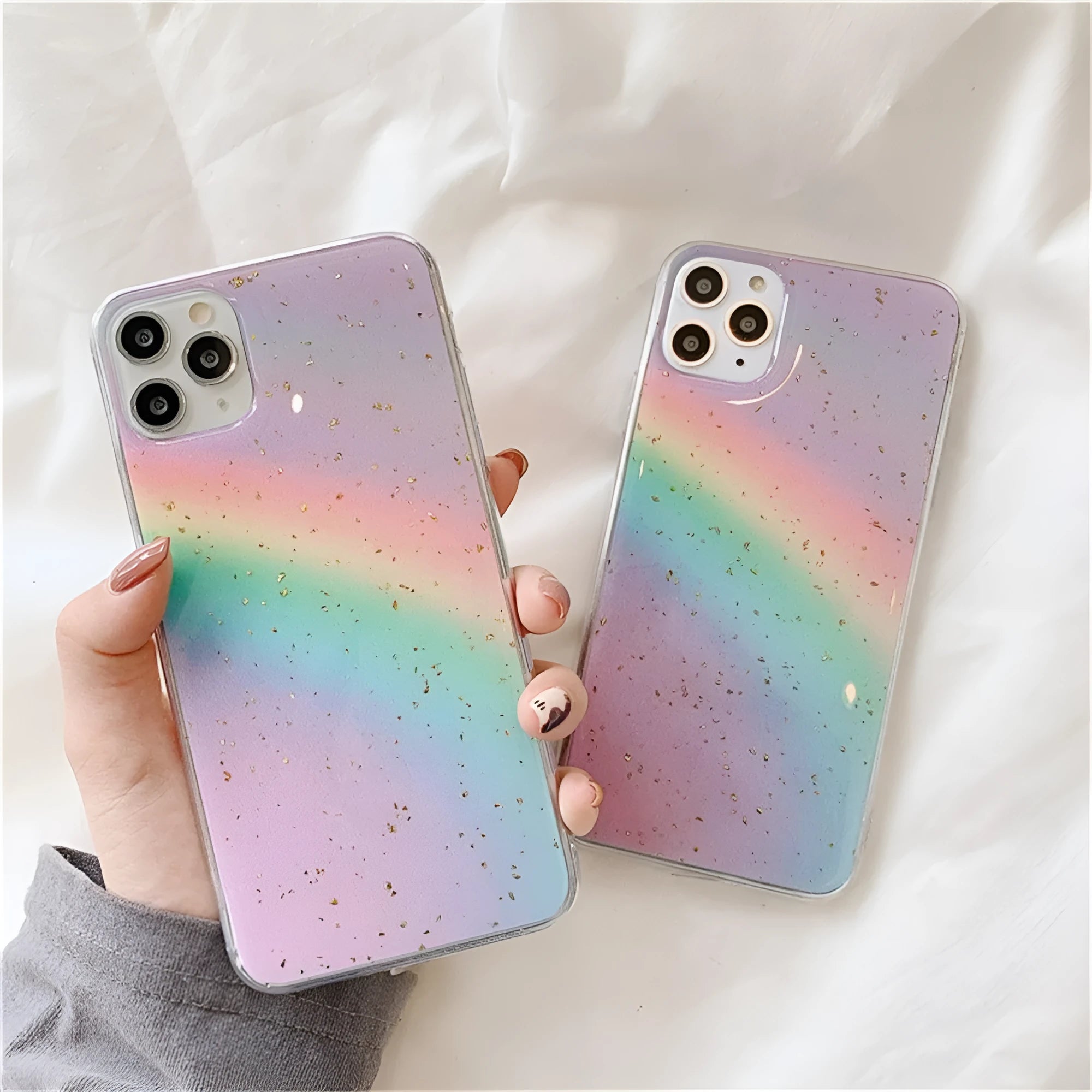 Rainbow gradient iPhone case with striped design on TPU protective shell