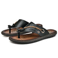 Men's black casual slippers with a non-slip sole and PU leather upper on a plain background.